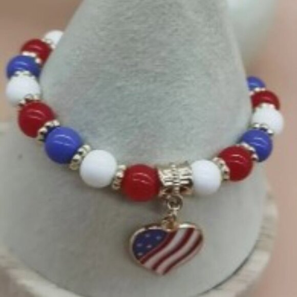2 pc set Patriotic Bracelet and Adjustable Ring Festive Red White & Blue - Picture 4 of 8